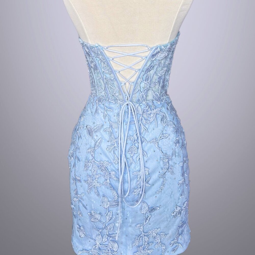 NEW FORMAL SLEEVELESS SHEATH STRAPLESS DRESS EMBROIDERED W/ FLORAL LACE AC 7053S - Picture 7 of 9